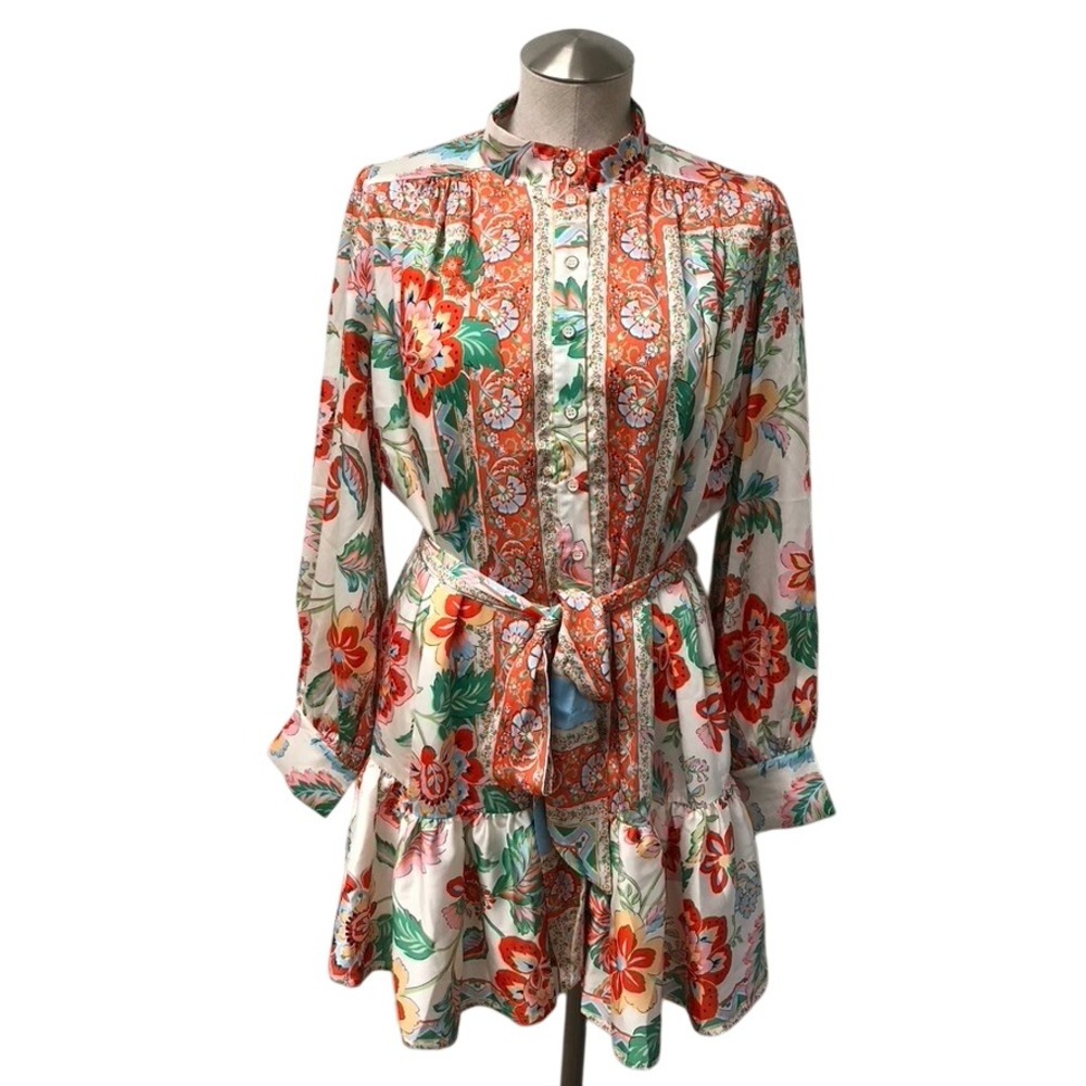 Fate Floral Mini Dress Women Small Orange White Mock Neck Button Up Retro